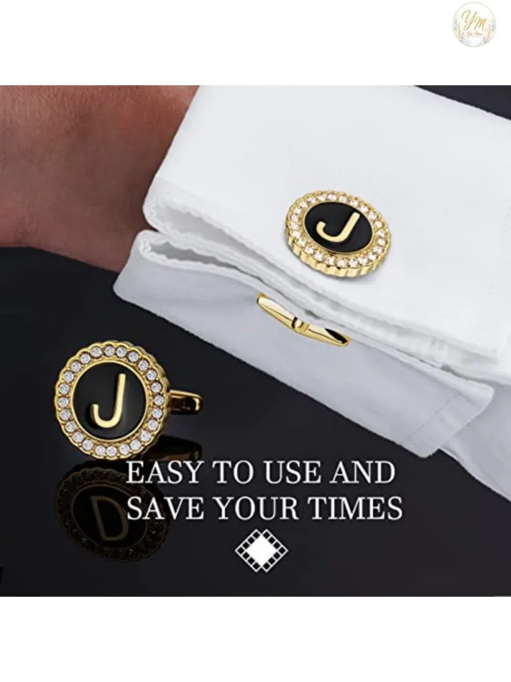 18K Gold Tone Initial Cufflinks for Men with Tuxedo Studs - Gift Boxed Formal